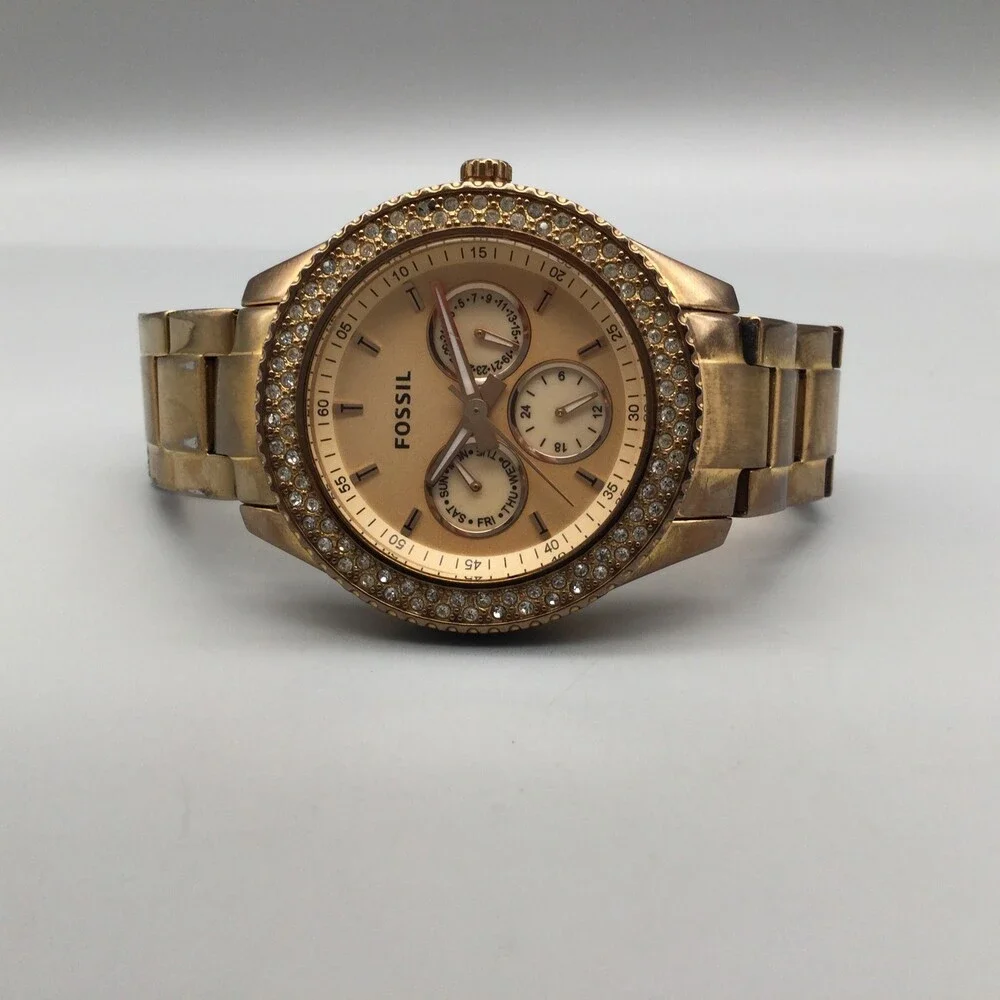 Fossil Watch Womens 38mm Gold Tone Stainless Steel ES3003 Day Date New Battery